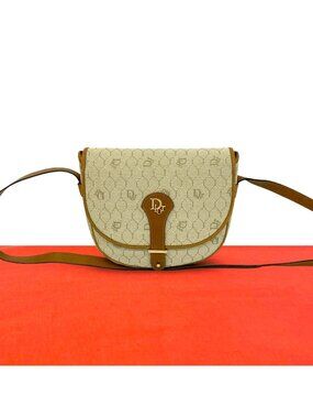 Dior Vintage Honeycomb Pattern Logo Leather Mini Shoulder Bag Khaki Brown